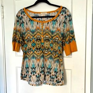 Sundance print top w/ mustard cuffs/trim MOP buttons